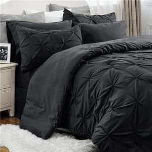 Black Comforter Set Bed in a Bag Queen or Full 7 Pieces, Pintuck Bedding Sets